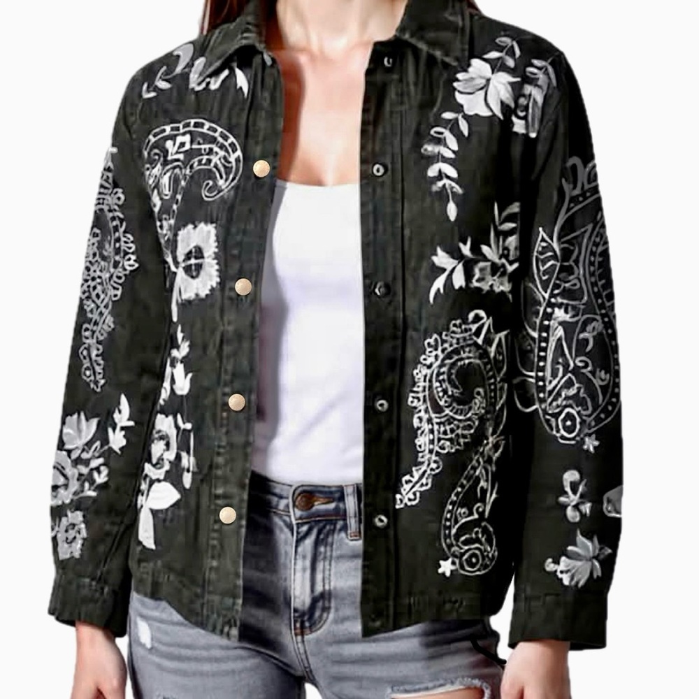 Susan Graver lightweight black denim jacket white embroidery XS NWT